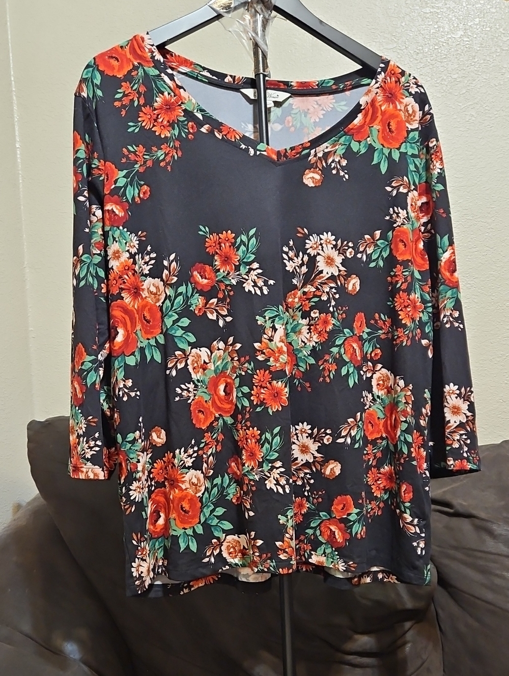 The Pioneer Woman Black Long Sleeve Floral Top with Red and Green
